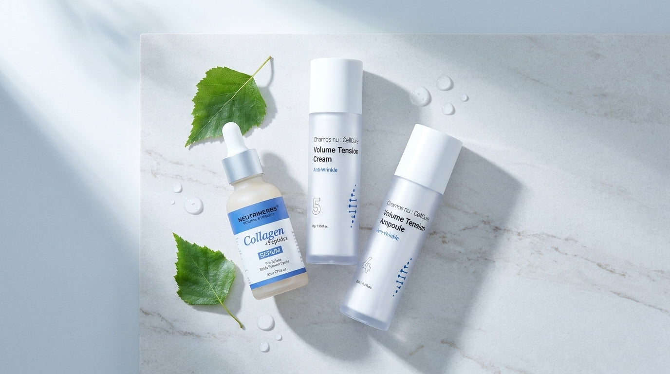 Image of Peptidserum och peptidkrämer – Collagen Peptide Serum från Neutriherbs samt Volume Tension Cream och Ampoule från Nu:CellCure på marmoryta