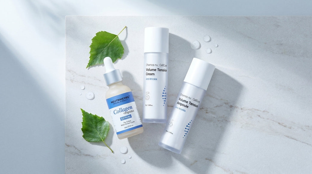 Peptidserum och peptidkrämer – Collagen Peptide Serum från Neutriherbs samt Volume Tension Cream och Ampoule från Nu:CellCure på marmoryta
