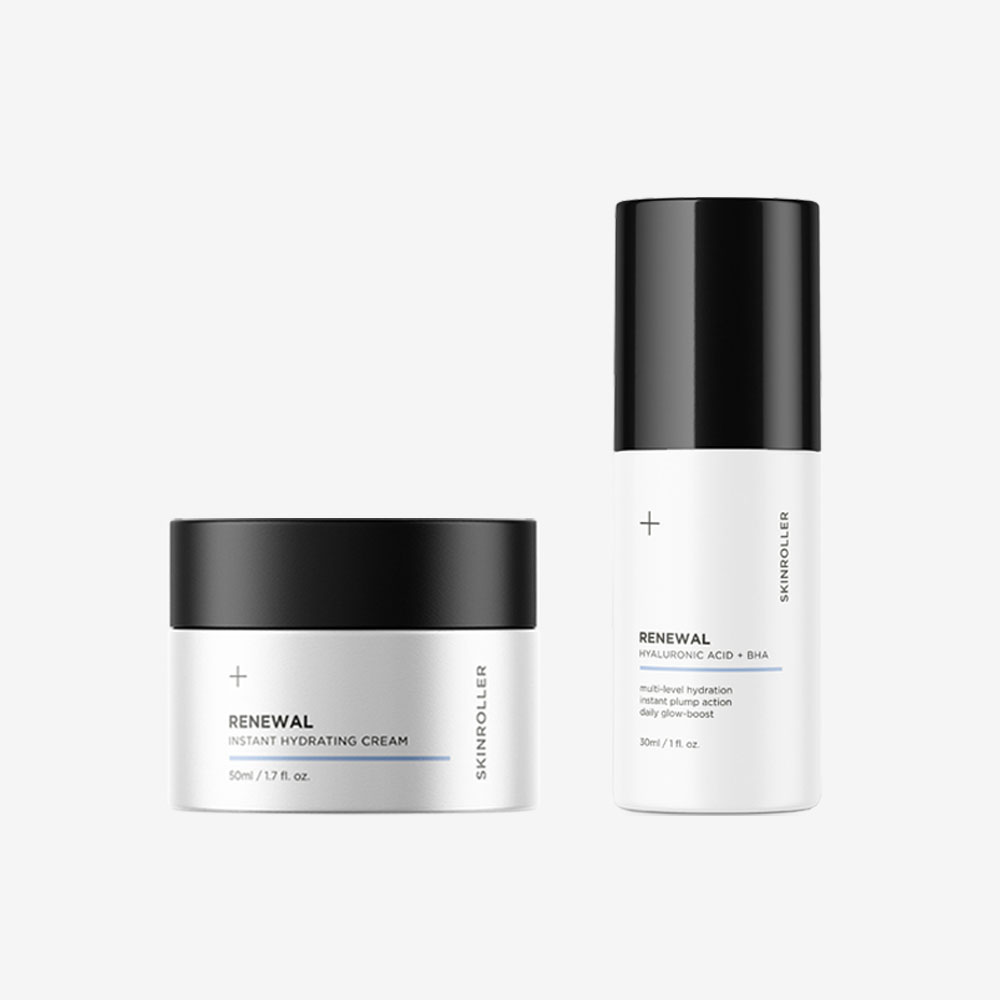 Hydrating Kit från Skinroller - en vit burk med återfuktandeansiktskräm och en vit pumpflaska med BHA-serum
