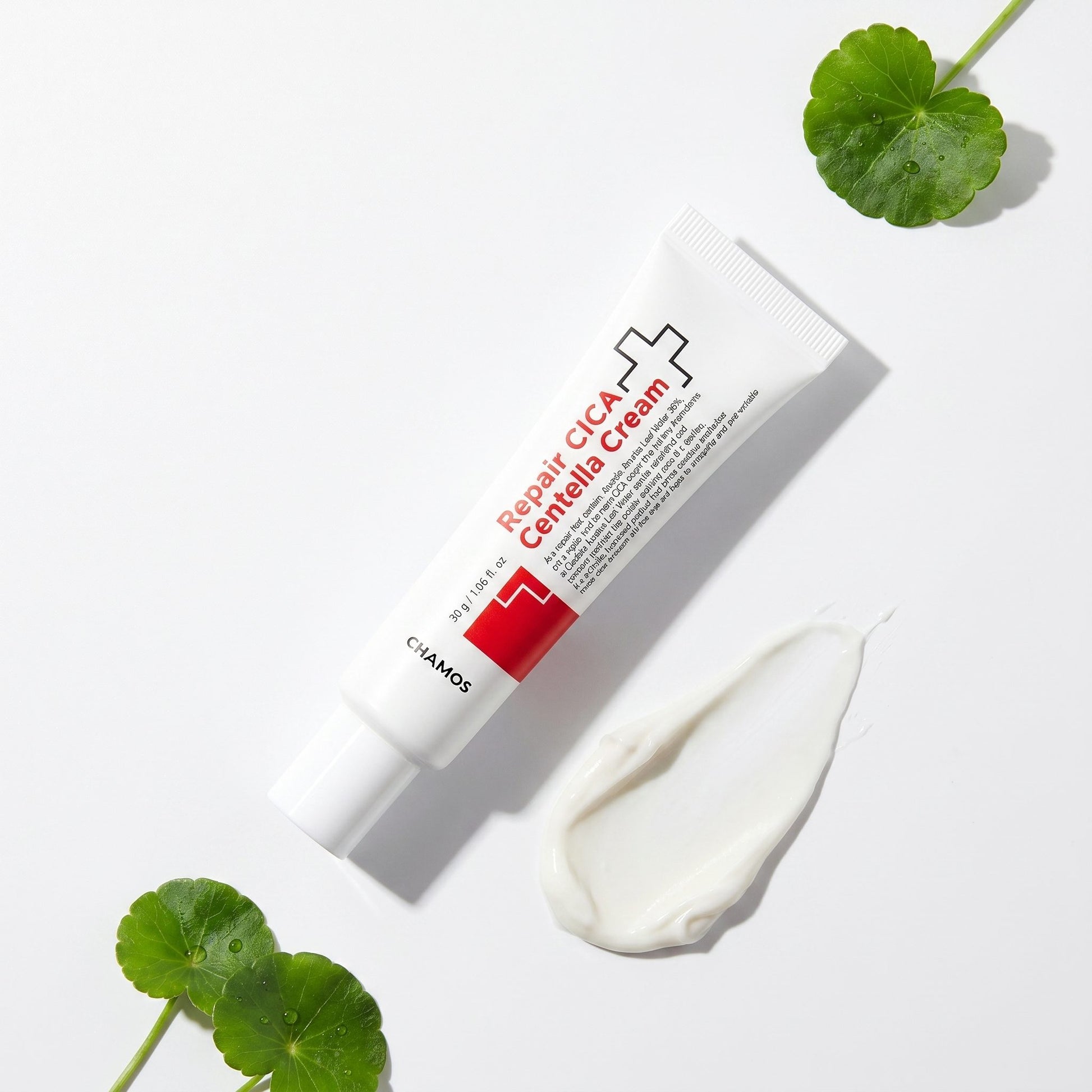 Chamos Repair CICA Centella Cream — flat-lay with cream swatch and centella