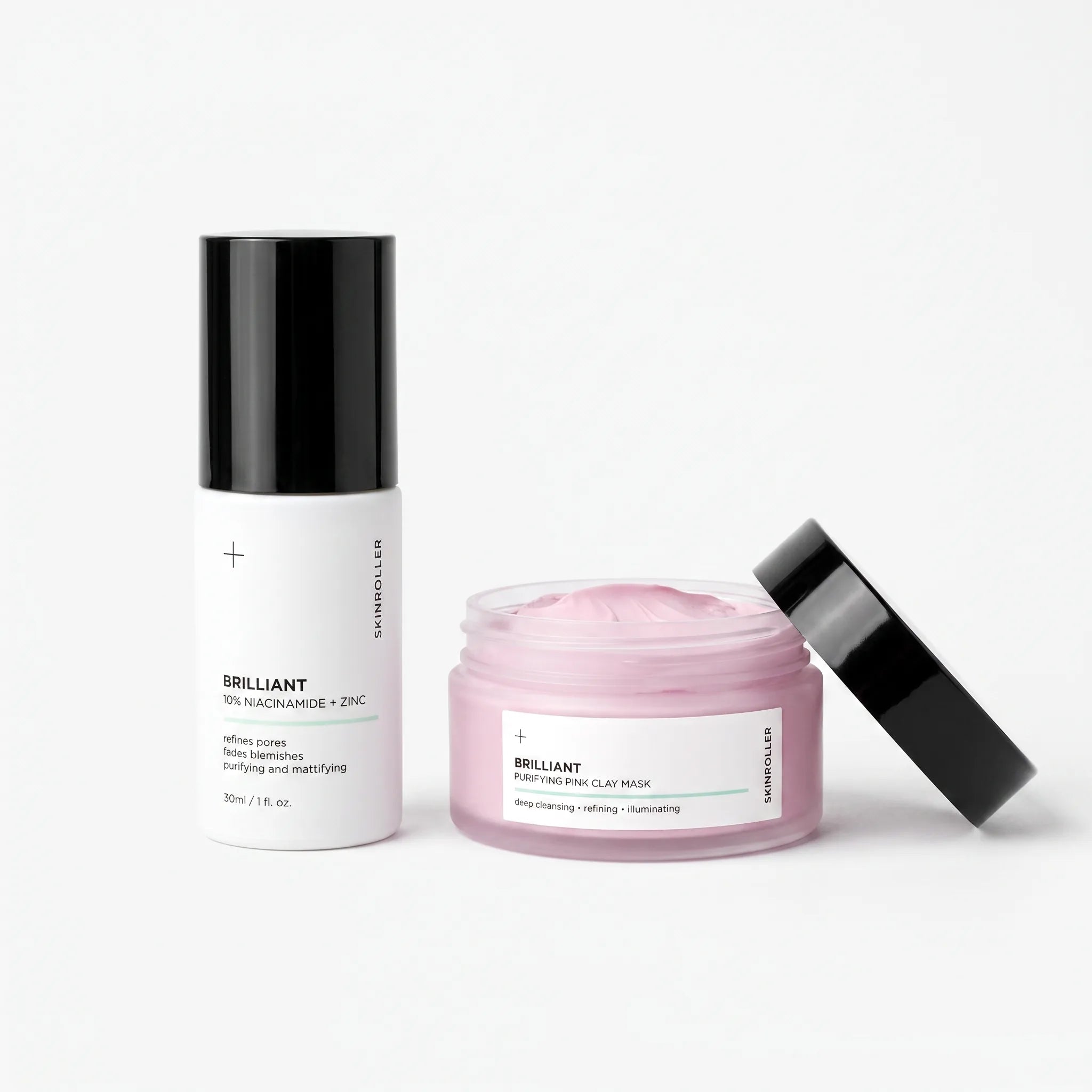 Image of Bye Bye Pores 2-stegs kit – Brilliant Niacinamide serum och Purifying Pink Clay Mask i studiomiljö