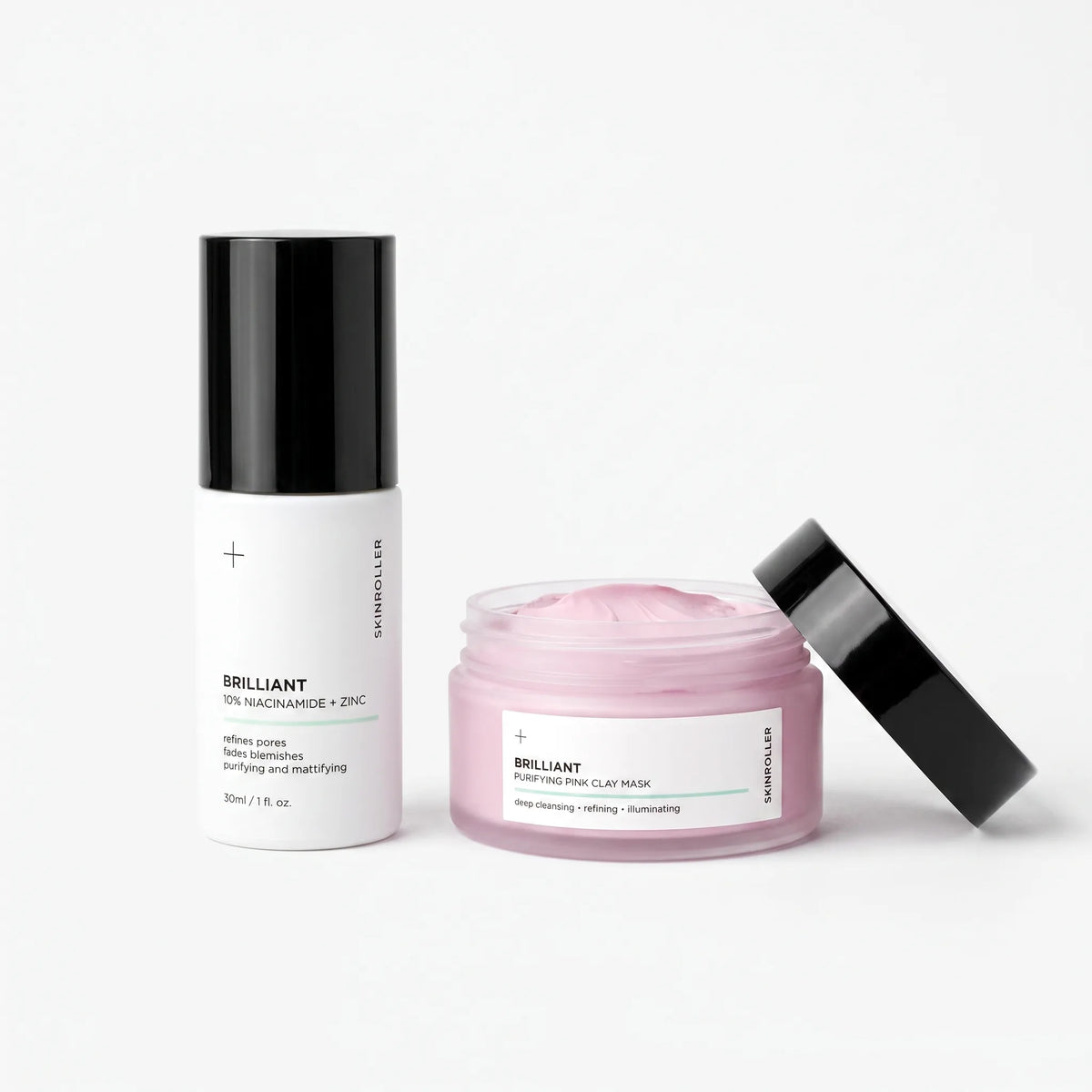 Bye Bye Pores 2-stegs kit – Brilliant Niacinamide serum och Purifying Pink Clay Mask i studiomiljö