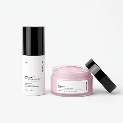 Bye Bye Pores 2-stegs kit – Brilliant Niacinamide serum och Purifying Pink Clay Mask i studiomiljö