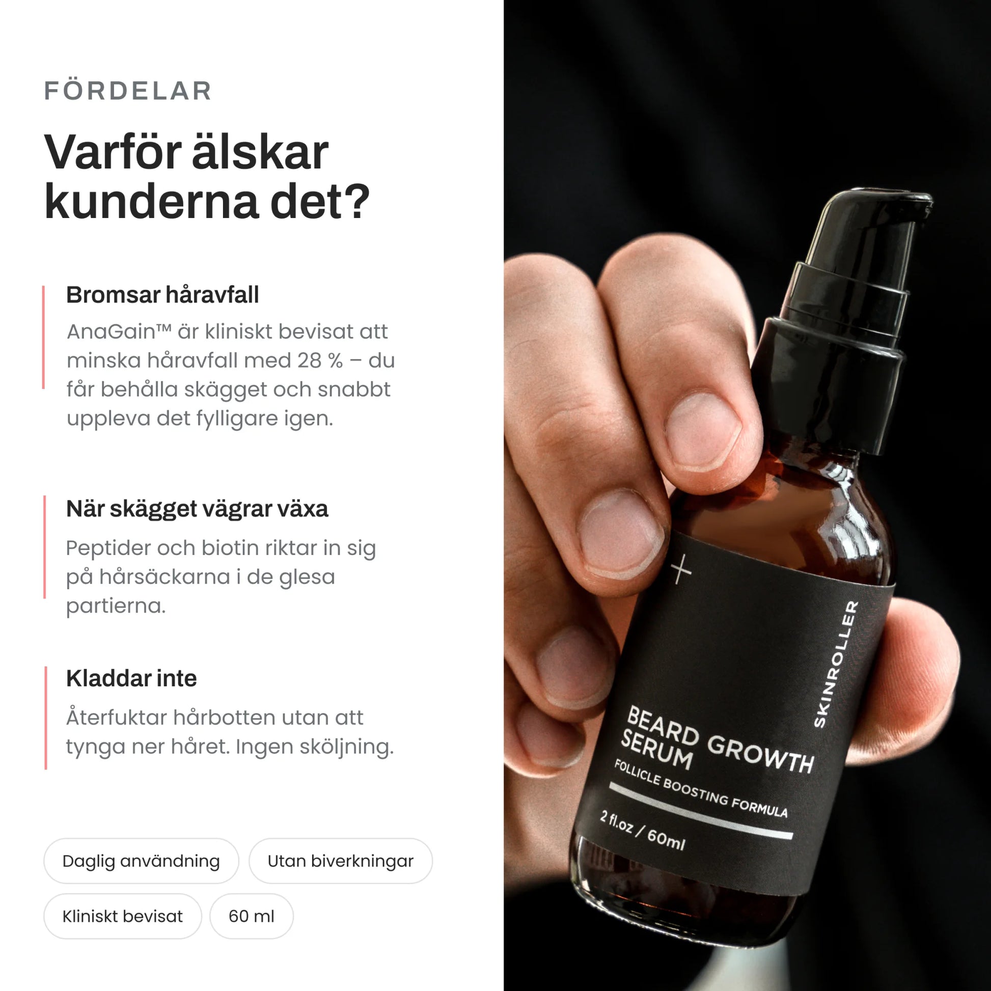 Beard Growth Serum fördelar – AnaGain, peptider och biotin för de glesa partierna, kladdar inte, 60 ml
