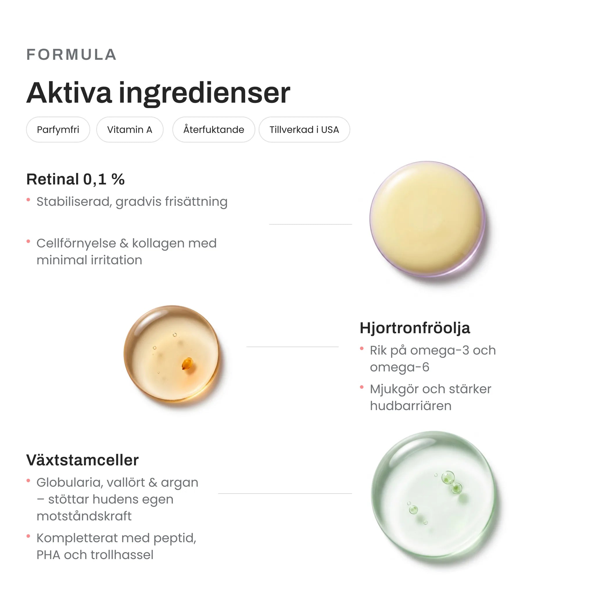 Image of Aktiva ingredienser – 0,1 % stabiliserad retinal, hjortronfröolja med omega-3 och omega-6 samt växtstamceller av globularia, vallört och argan.