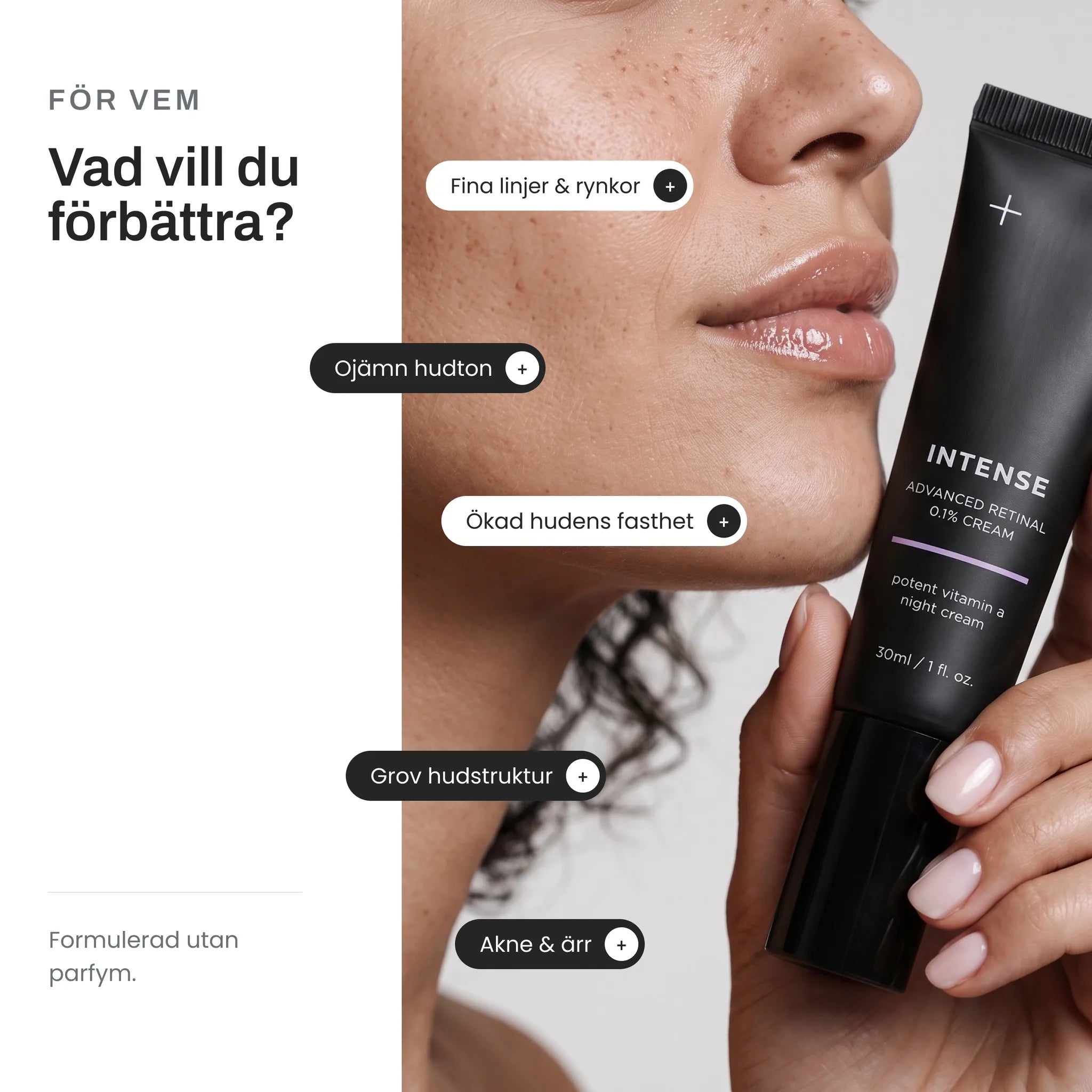 Image of För vem – Retinal 0.1% Night Cream mot fina linjer och rynkor, ojämn hudton, grov hudstruktur samt akne och ärr. Parfymfri.